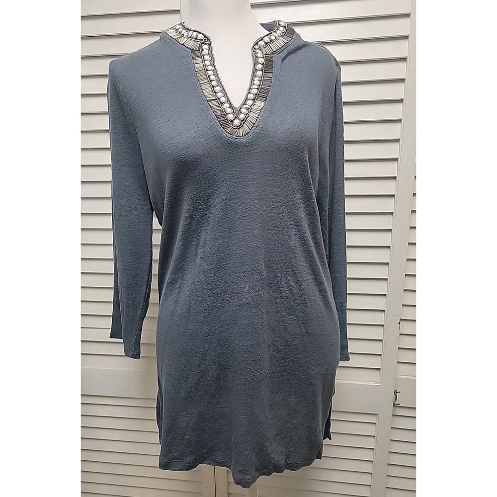 Chico's Dusty Blue Beaded Long Sleeve Tunic Top SZ M